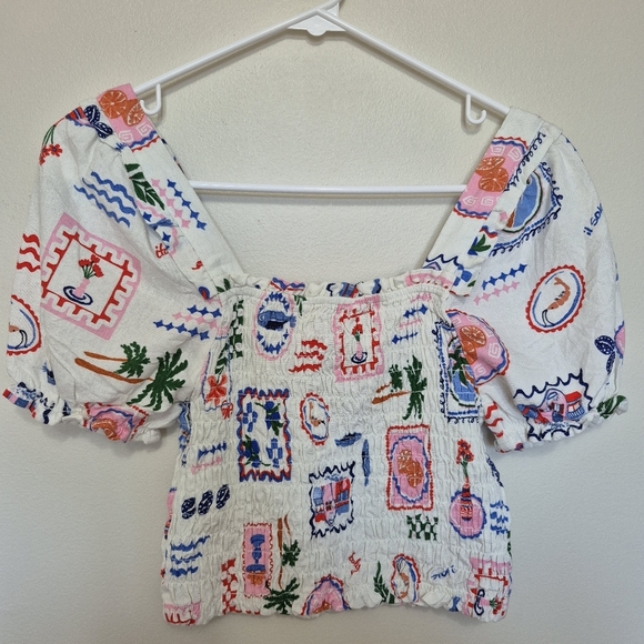 NWT Monteau Los Angeles Women’s White Smocked Puff Sleeve Crop Top – Small - Picture 5 of 5